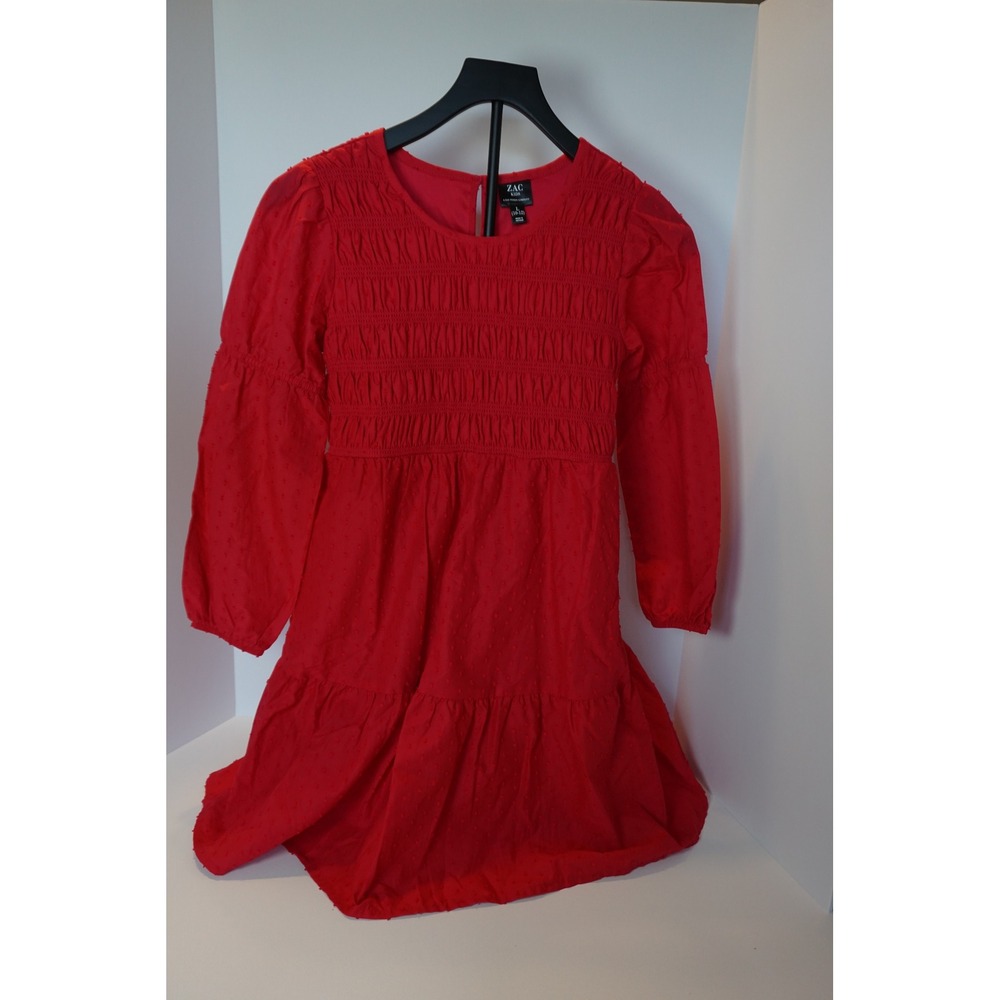 Zac Kids Girls Red Swiss Dot Smocked Tiered Long Sleeve Dress L 10-12 ZP0106N